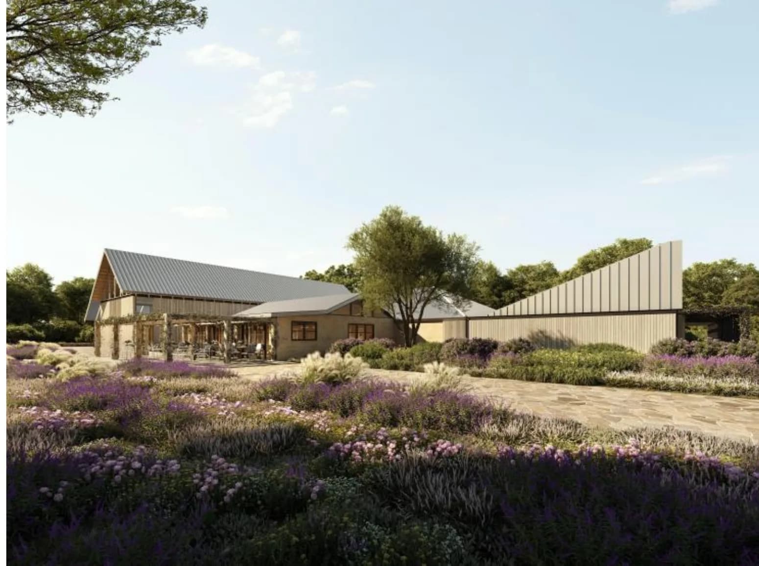 Function and reception facility exterior render, 1023 Hermitage Rd, Pokolbin