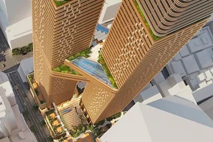 Aerial render of the twin tower podium and rooftop pools at 338 Pitt Street