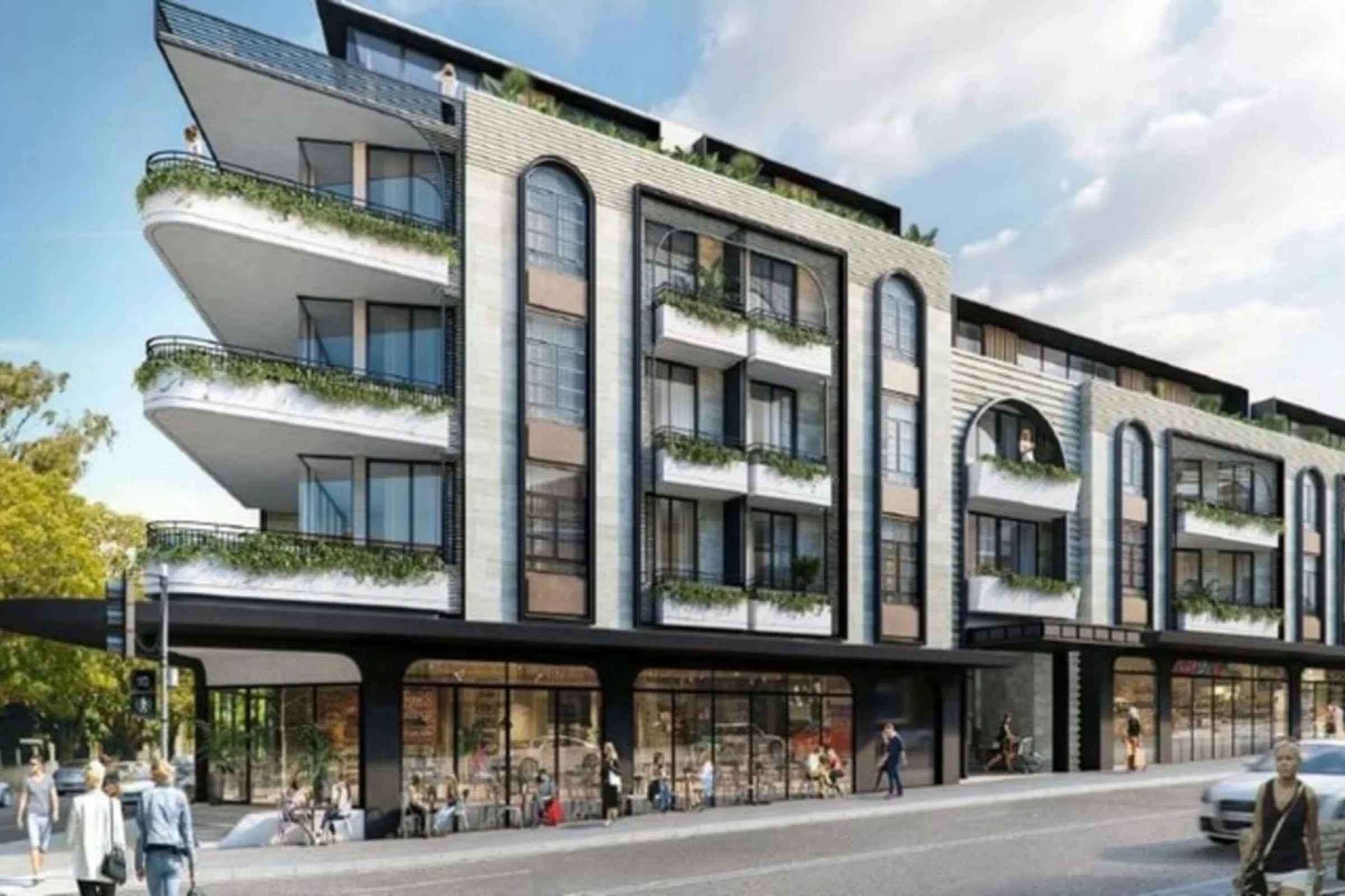Street level render of the mixed use building at 520 Old South Head Road, Rose Bay
