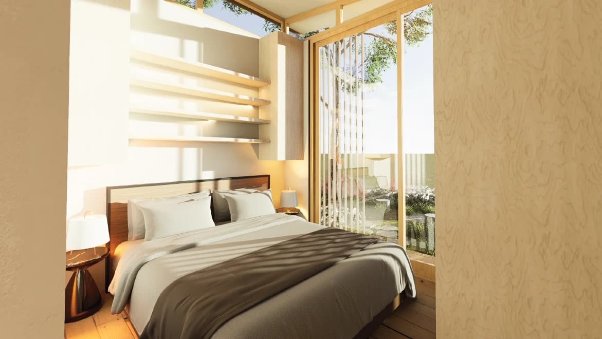 Compact worker accommodation bedroom with natural light and timber finishes