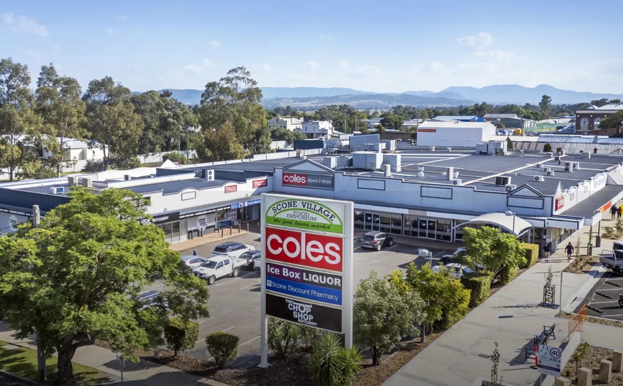 Aerial view of Scone Village shopping centre and town context