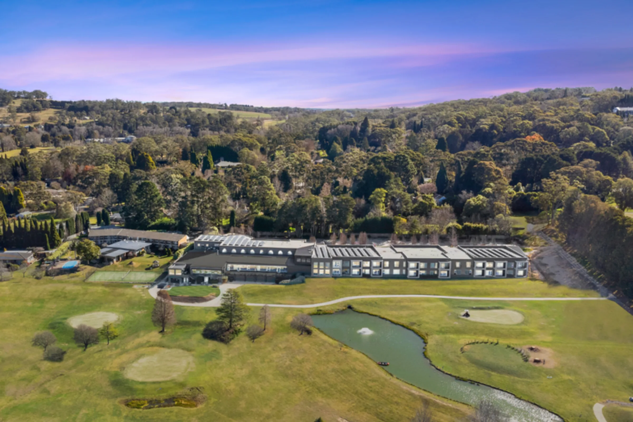 Aerial view of The Gibraltar Bowral hotel, golf course and grounds in the Southern Highlands